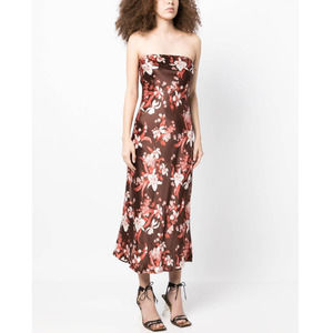Reformation Joanne Charmeuse Hilo Brown Floral Silk Dress 10 NEW Strapless Midi